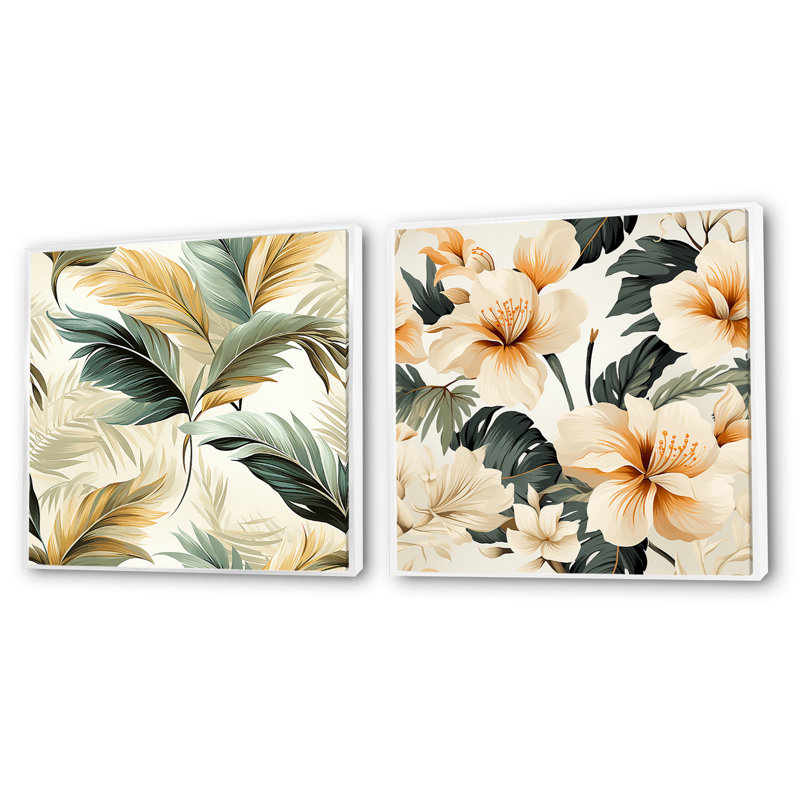 Tranquil Retreat - motif tropical - ensemble de 2 collages floraux carrés, Cadre flottant blanc, H 16 po x l 33 po