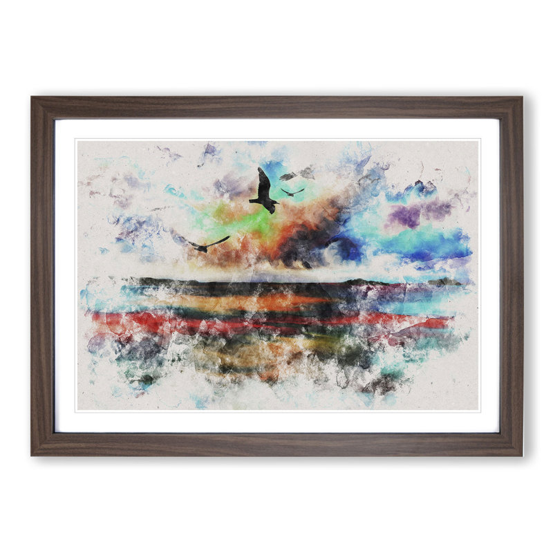 Birds over a Colourful Ocean - Picture Frame Graphic Art, Walnut, 36cm H x 48cm W x 2cm D