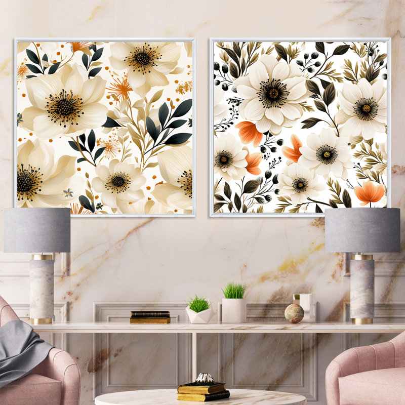Elissa - Ensemble de 2 collages carrés botaniques abstraits, Cadre flottant blanc, H 30 po x l 61 po