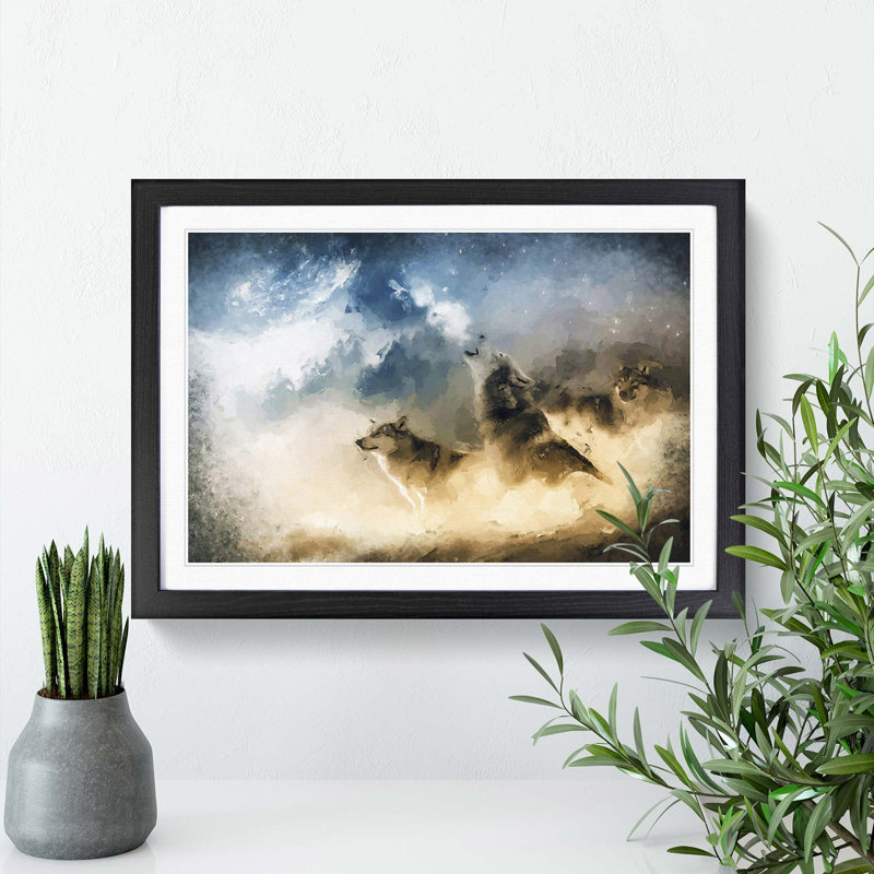 Wolves Howling in the Forest in Abstract - Picture Frame Painting Print, Black, 35cm H x 50cm W x 2cm D