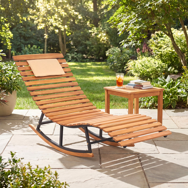 Chaise berçante 2 pièces pour patio en bois d'acacia, avec siège ergonomique et appui-tête amovible