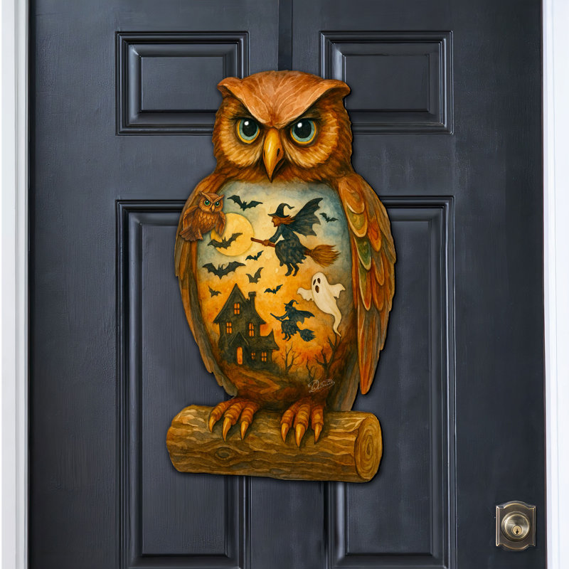 Halloween Owl Door Hanger – Handcrafted Wooden Door Décor By G. Debrekht