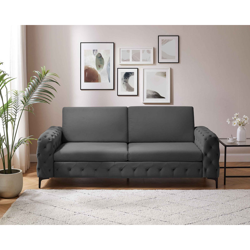 Bushong 222Cm Velvet Square Arms Sofa, Black, Grey Velvet