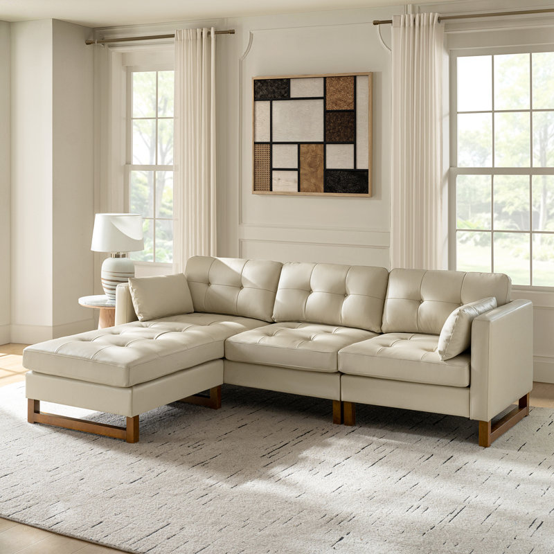Amando 101"W Mid-Century L-Shape Genuine Leather Reversible Modular Sectional Sofa, Beige Genuine Leather