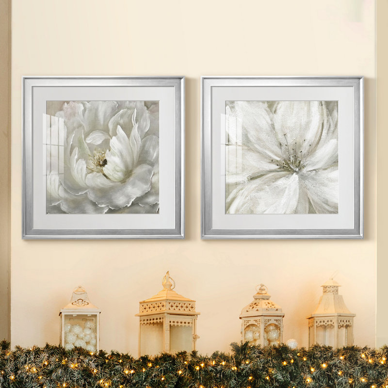 Pivoine parfaite - ensemble de 2 cadres photo sur papier, H 22,5 po x l 45 po x P 1,5 po, Papier avec cadre argenté, Blanc