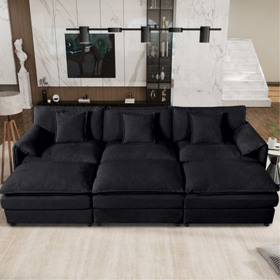 Blue Oversized Sectional With 3 Ottomans & Comfort Pillows, Chenille Upholstery, Living Room, Apartment, Modern Style Couch Soft Back Modular Design, Blue, For Cozy Feeling