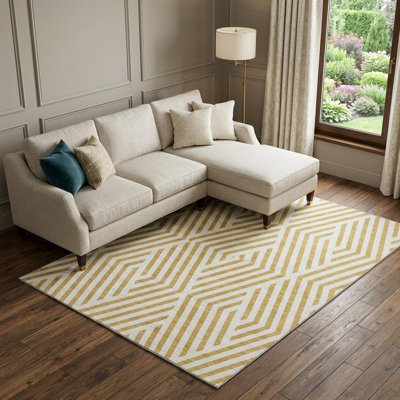 10' X 14' Gold And Ivory Geometric Washable Area Rug With UV Protection
