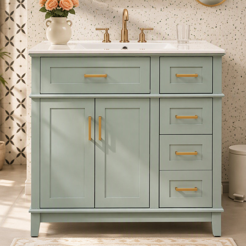 Ce meuble-lavabo moderne de 36 po avec lavabo en céramique, porte à fermeture en douceur et 4 tiroirs de rangement offre un look raffiné avec une fonctionnalité pratique au quotidien.