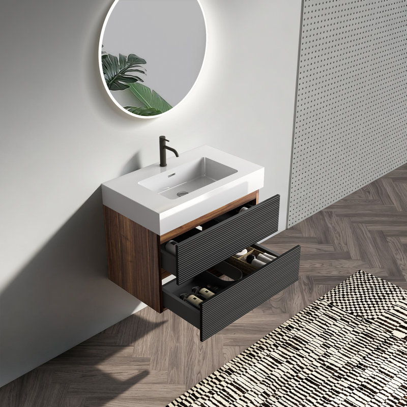Meuble-lavabo 30 po avec lavabo en quartz d'ingénierie et tiroirs noirs doux