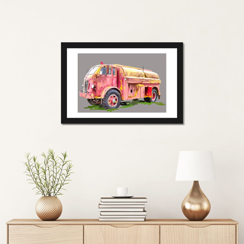 «Painterly Firetruck», reproduction sur toile, H 24 po x l 32 po x P 1 po, Papier d'art encadré noir, Blanc
