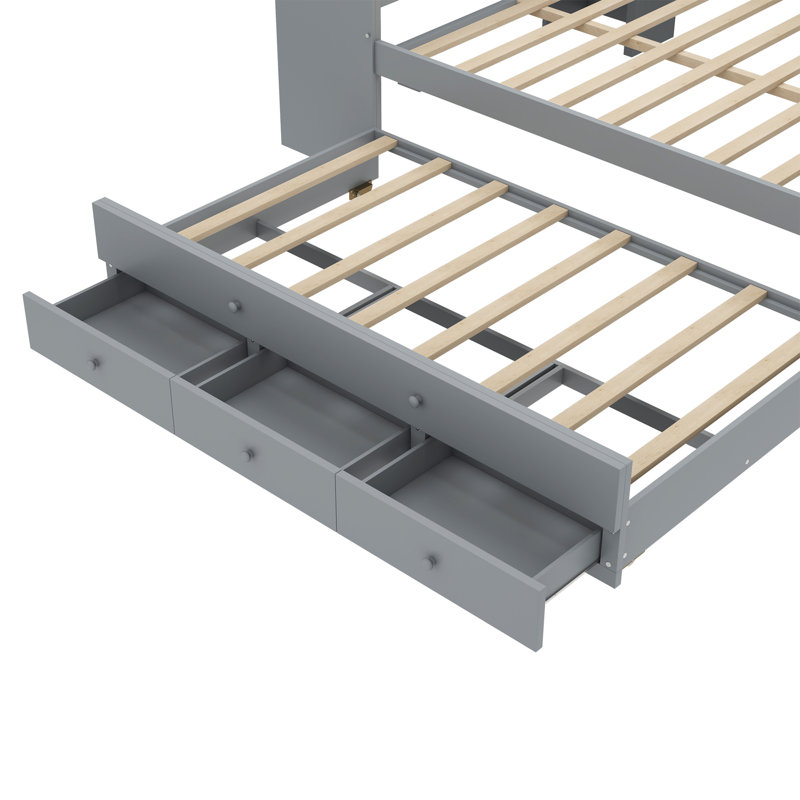 Lit de jour de qualité supérieure avec couchette de qualité supérieure avec structure en bois massif avec de grands tiroirs de rangement et des tablettes latérales, bureau intégré pour une utilisation multifonctionnelle, aucune boîte à ressorts nécessaire, gris