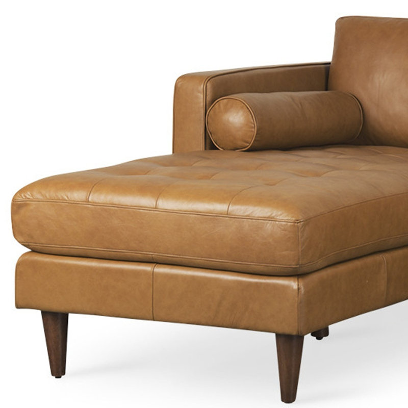 Canapé modulaire en L en cuir véritable brun clair avec méridienne et coussins décoratifs