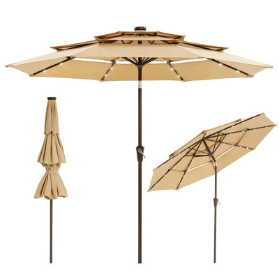 3-Tier Solar Patio Umbrella 9FT,LED Lights,UV Protection,Tilt Crank,Ventilated,8 Ribs,Khaki