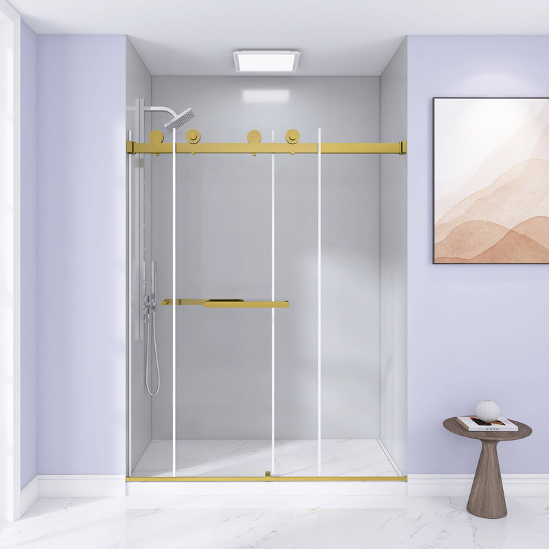 56-60 "W X 74" H Frameless Double Sliding Shower Door, 5/16 "(8Mm) Tempered Glass, Explosion Proof Film, Stainless Steel Handle, Square Tube Track, Brushed Gold