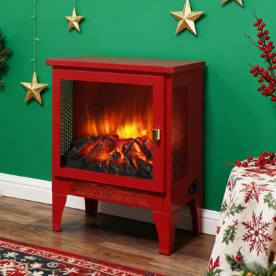  18" Electric Fireplace, Freestanding Fireplace Heater With Realistic Flame & Log, Overheat Protection, 700w/1400w, Red