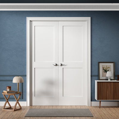 48-in x 80-in Interior Double Prehung French Door Left-Hand Pre-Drilled for Hardware 2-Panel Shaker Solid Core White Primed Ready-to-Prehung Design with Jamb Kit and Black Hinges
