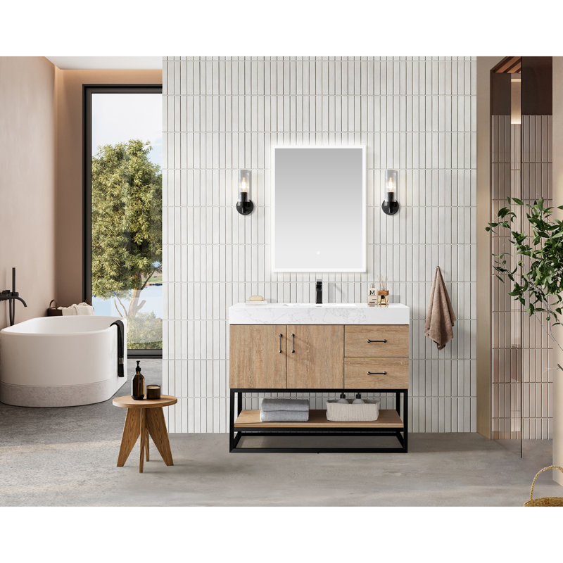 Alistair 42'' Single Bathroom Vanity with Engineered Stone Top, Matte Black, Natural Oak