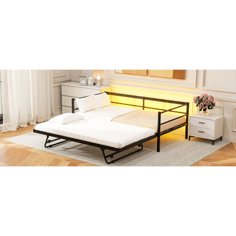 Lit de jour simple en métal noir avec couchette à DEL 7 couleurs et gigogne, style industriel, sans sommier tapissier, idéal pour les chambres d'amis à DEL télécommandées, fabrication solide réglable et durable