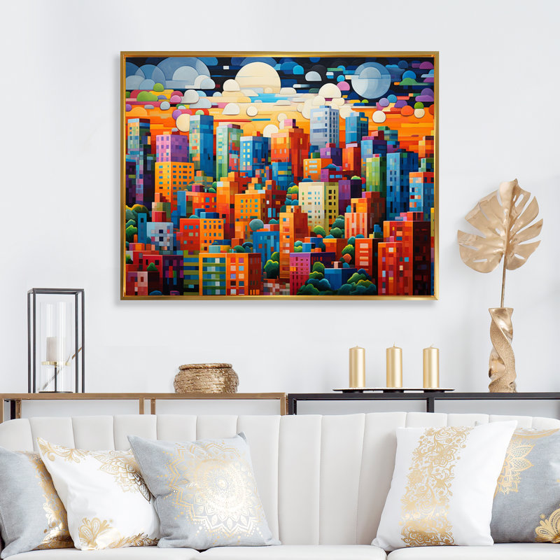 Pop Art Miamai Cityscape, reproduction d'art sur toile, H 30 po x l 40 po x P 1,5 po, Cadre flottant doré