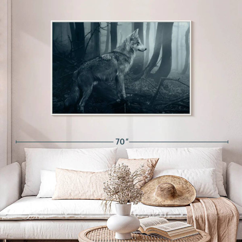 Loup gris, Cadre flottant blanc, 46 po x 31 po