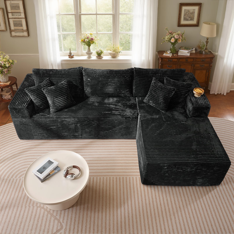 Canapé modulaire rembourré 2 pièces Boneless, Velours côtelé noir, Orienté à droite