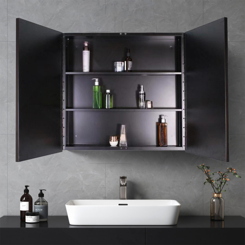 Armoire à pharmacie 26 po x 30 po à fixation murale ou encastrée en métal noir avec miroir