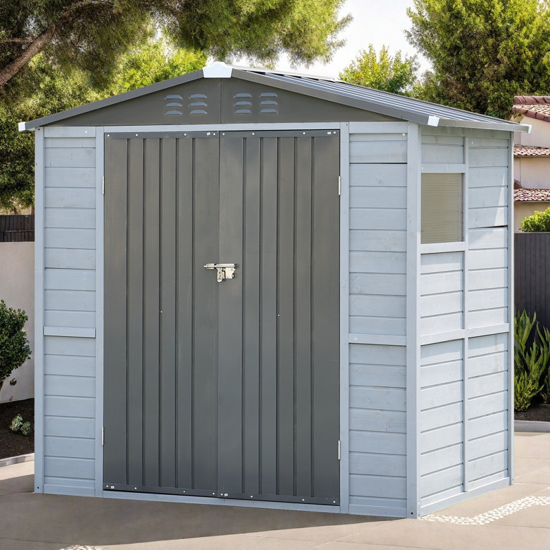 Outdoor Iron & Solid Wood Tool Storage Shed With Two Doors And Windows For Garden, Patio, Backyard