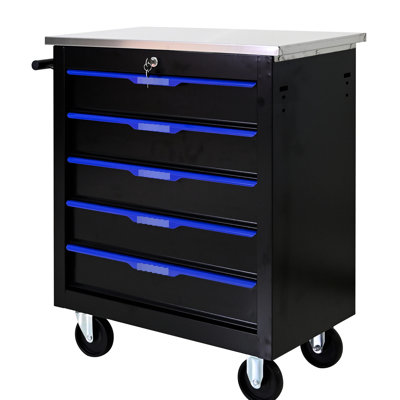 Black + Blue 5 Drawers Tool Trolley, Stainless Steel Countertop, One Side Handle, And Practical Cart With Wheels - Blue, Cold Rolled Steel, 2Pcs Brake, Versatile