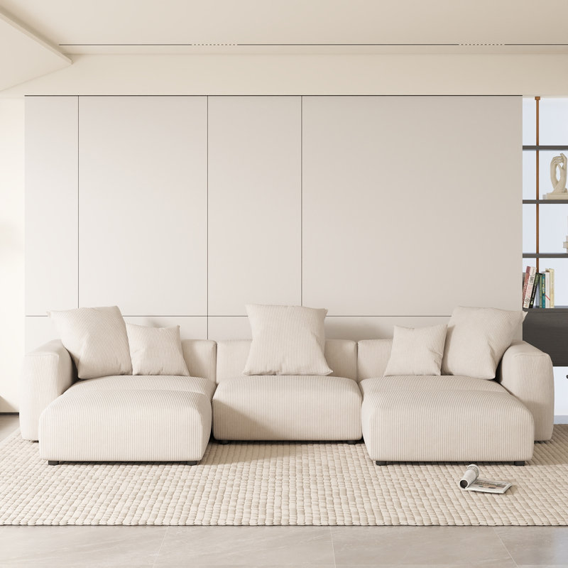 Olivery Boneless Nedek Upholstered 5-Piece Modern Modular Cloud Corduroy Fabric Sectional Sofa With Ottoman, Beige Corduroy