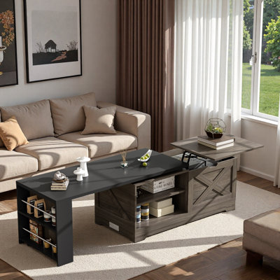Farmhouse Lift Top Coffee Table With Barn Doors, Large Hidden Storage Space, Side Racks And Open Shelves