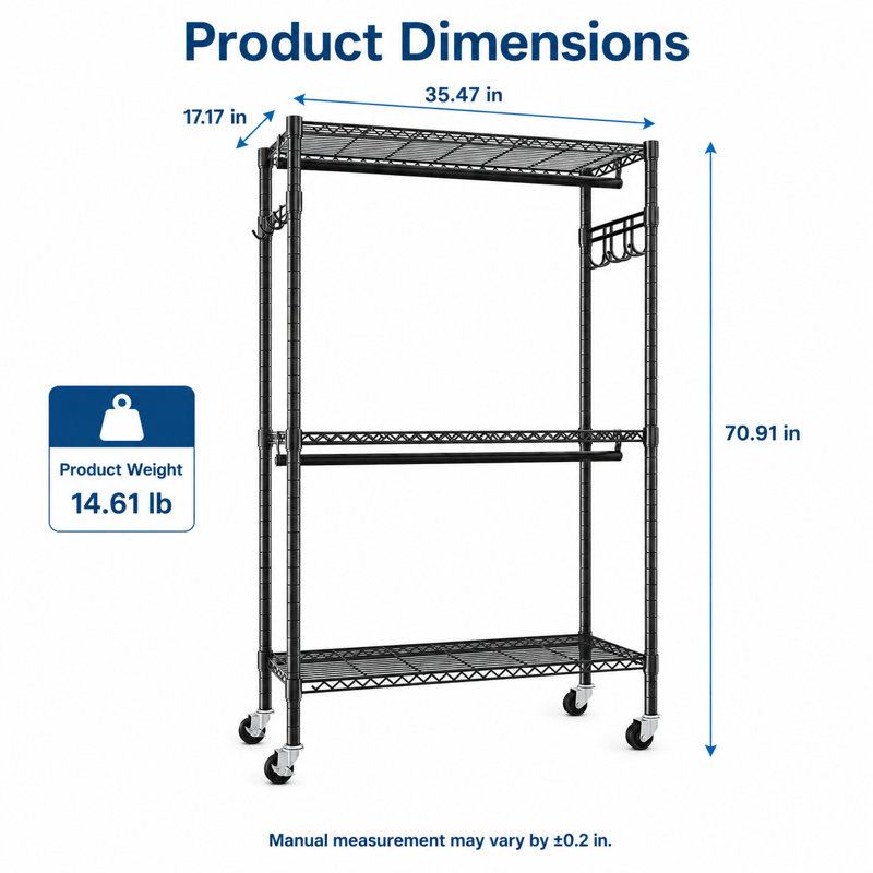 Rolling Clothes Rack with Wheels, Three Tier Adjustable Wire Shelving and Two Hanging Rods, Black