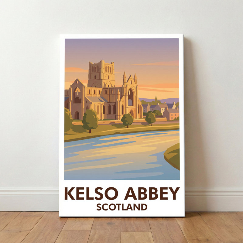 Kelso Abbey, Scotland - Romantic Travel Poster Of The River Tweed Ruins. Giclee Print On Wrapped Canvas. Wall Art, Home Decor - Religious & Cultural Sites, Scotland - Wrapped Canvas Print