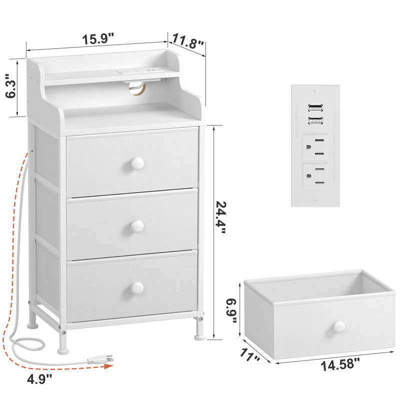 Nightstand With Outlets & LED Lights, End Table With3 Drawers & 2-Tier Open Shelf, Bedside Table For Bedroom, White