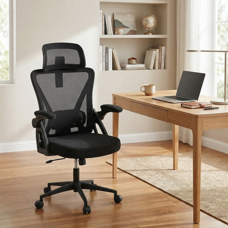 Fauteuil de bureau ergonomique respirant en filet avec support lombaire réglable et accoudoirs rembourrés pour bureau à domicile