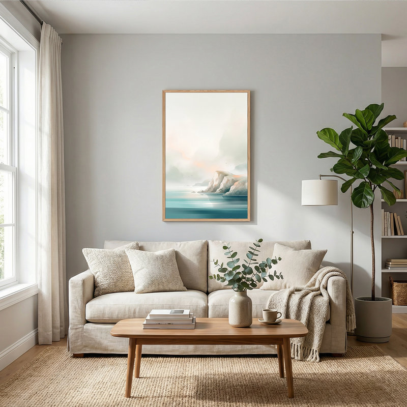 «Pastel Rocky Cliff Over Teal Water», art mural, H 24 po x l 18 po