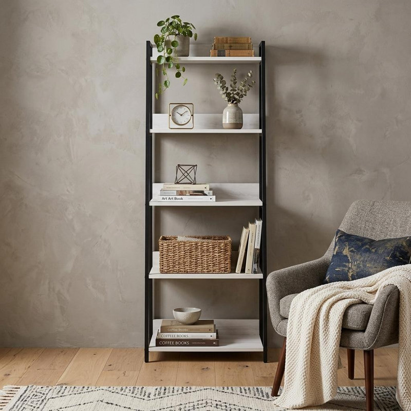 Bibliothèque Vinda avec cadre en bois et 5 compartiments ouverts, blanc délavé et noir
