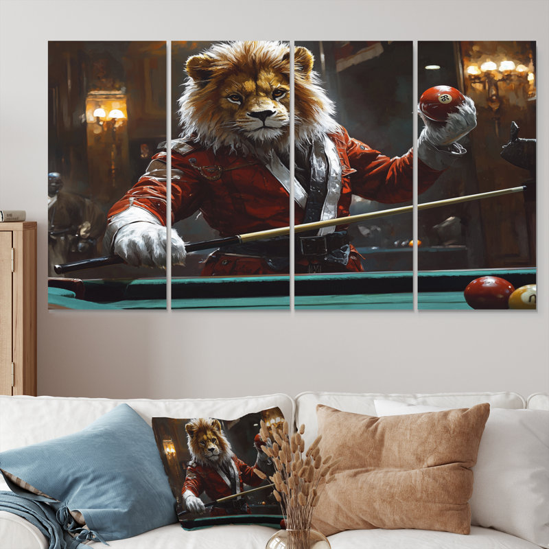 Lion rouge jouant au billard - ensemble de reproductions d'art mural billard, H 28 po x l 48 po
