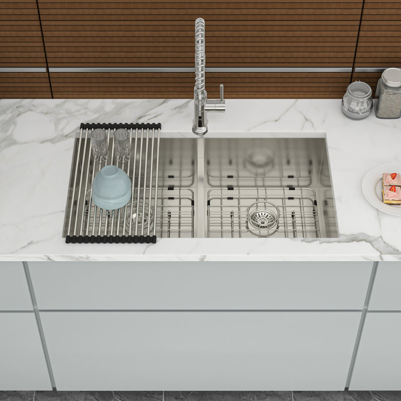 Double Bowl Undermount Kitchen Sink 33"X19", Stainless Steel 16 Gauge, 10" Deep Basin, Condensation Coating And Soundproofing 33"X19" Sink, Installation, Inside