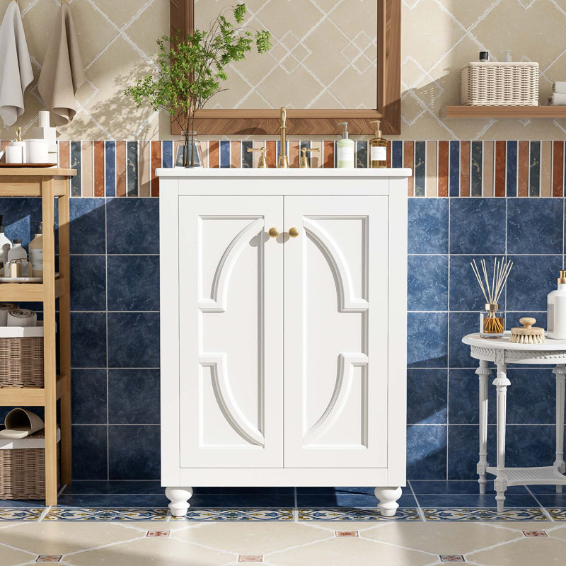 Meuble-lavabo moderne avec motif orné et charnières à fermeture en douceur, Blanc