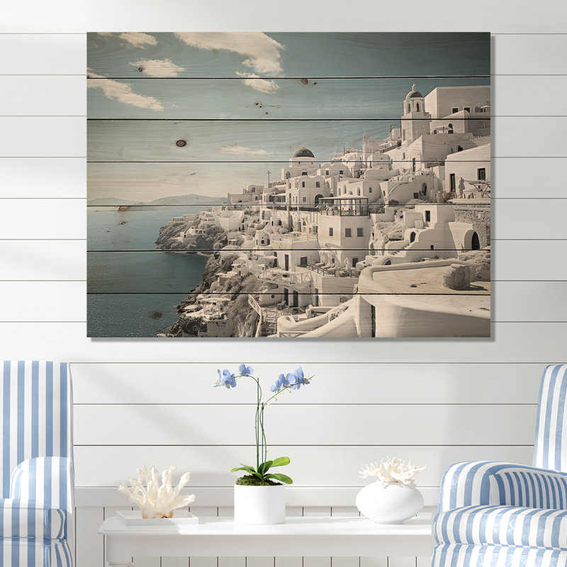 Grèce, Santorini, beau paysage urbain III sur bois, H 24 po x l 32 po x P 0,78 po