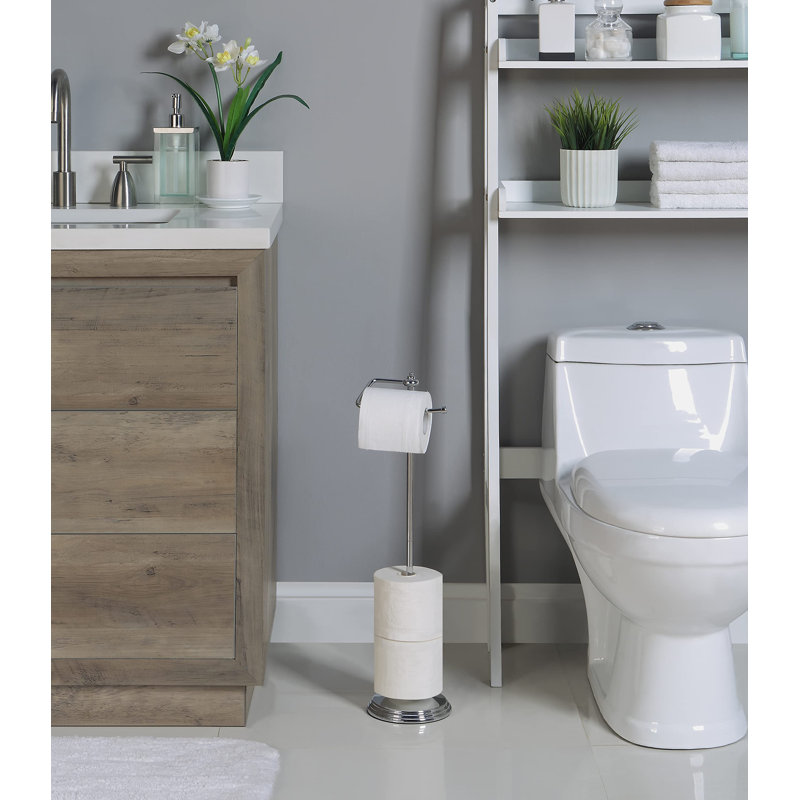 Porte-papier hygiénique sur pied pour salle de bain avec fonction de réserve, chrome