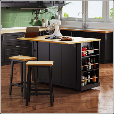53" Large Kitchen Island with Drop Leaf, Internal Door Racks, and Power Outlet – Black (Stools Not Included)