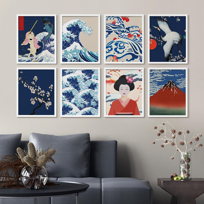 Grande vague japonaise, paysage naturel, chat et grue Ukiyo-e, mont Fuji, 8 pièces, H 10 po x l 8 po x P 1 po, Blanc