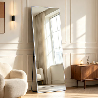 Miroir sur pied rectangulaire surdimensionné avec cadre en aluminium et support, idéal pour la chambre, le salon, la salle de sport à domicile, le dressing et la salle d'habillage.