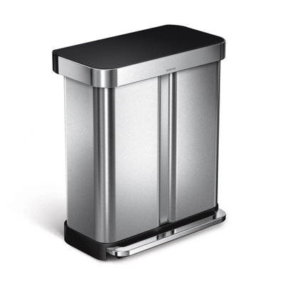 Simplehuman 58L recycling rectangular pedal bin with black plastic lid, brushed stainless steel