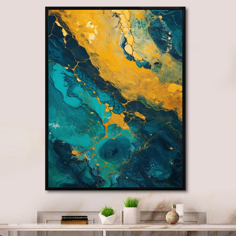 «Golden Sunset over Teal Ocean», reproduction d'art sur toile, H 32 po x l 16 po x P 1 po, Cadre flottant noir