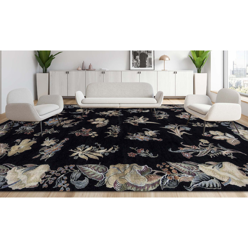 Dharma Hand Woven Silk and Wool Floral Area Rug, Rectangle 6'1" x 9'