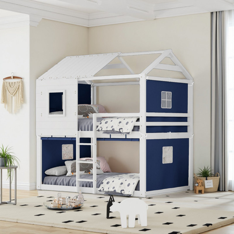 Lit simple superposé simple avec tente, structure en bois, lit en forme de maison, Simple sur simple, Blanc / Bleu