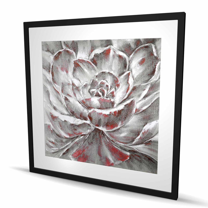 Fleur grise et rose | Reproduction mat contemporaine encadrée, H 36 po x l 36 po, Noir