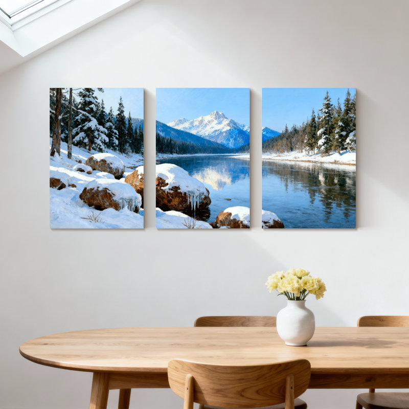 «Winter forest Snowy Mountains Reflect In Calm Lake Water», ensemble de 3 impressions sur toile, H 24 po x l 48 po